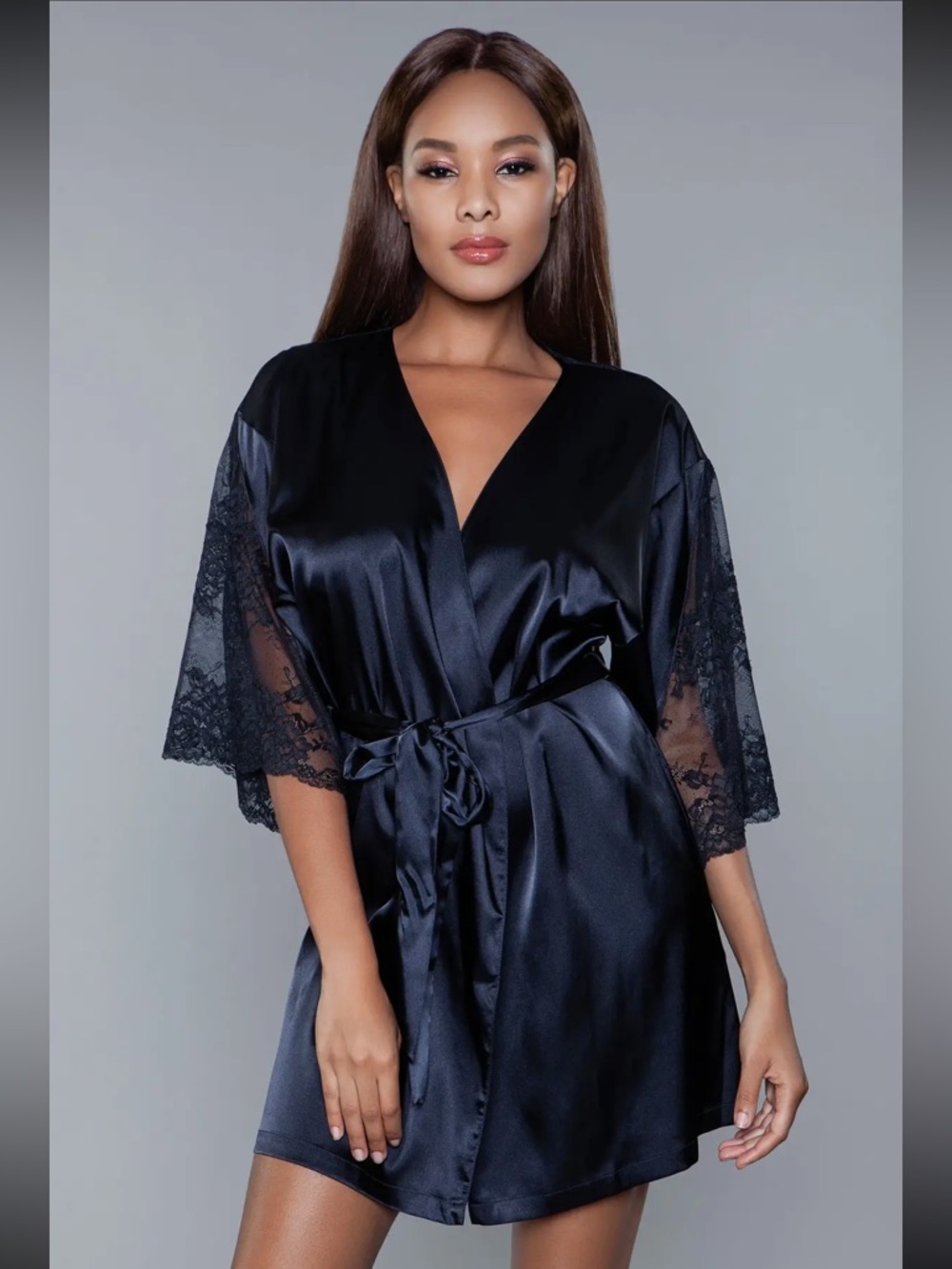 NWT Black Satin Lace-Trim Robe - Elegant Women's Intimates- Plus available - Picture 2 of 4